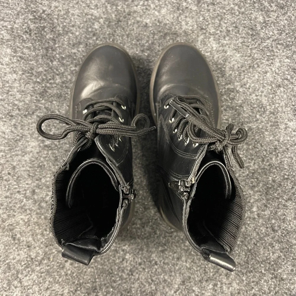 DKNY Girls Combat Boots Youth 2 Black Lace Up Zipper Rhinestone Lug Sole